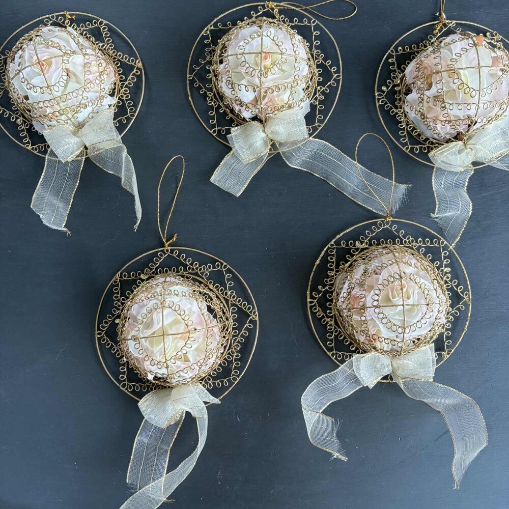 Vintage Large Glittery Gold Bonnet with a Flower inside & Ribbon Ornament (5)